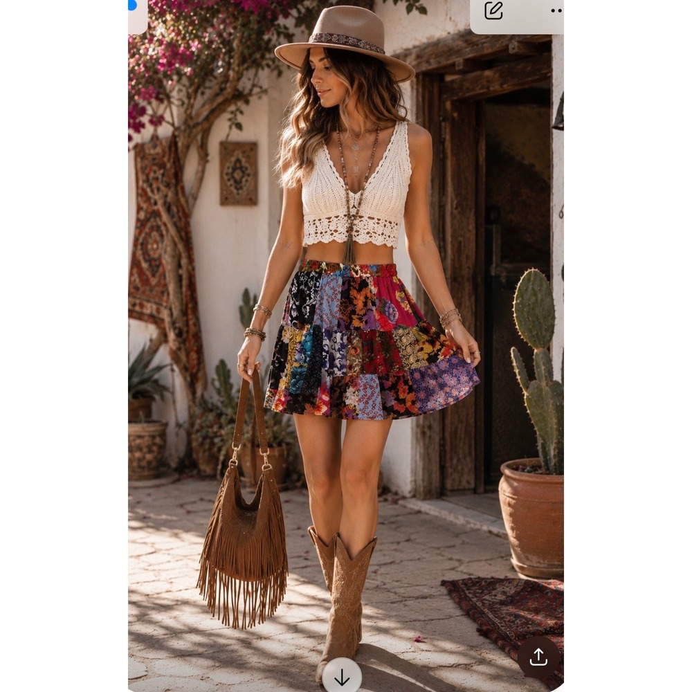 NWT Young Threads Womens Patchwork Mini Skirt  Boho Tiered Floral Small